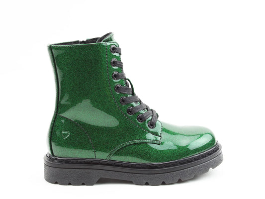 Green glittery lace-up ankle boot with a black sole and visible stitching, crafted from vegan-friendly materials, displayed in profile facing left.