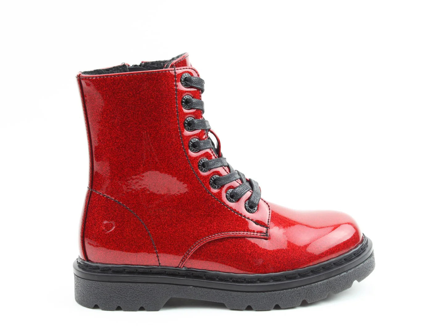 Side view of a bright red, glossy combat boot crafted from vegan-friendly materials, with black laces and a thick black sole, featuring a pull tab at the back.