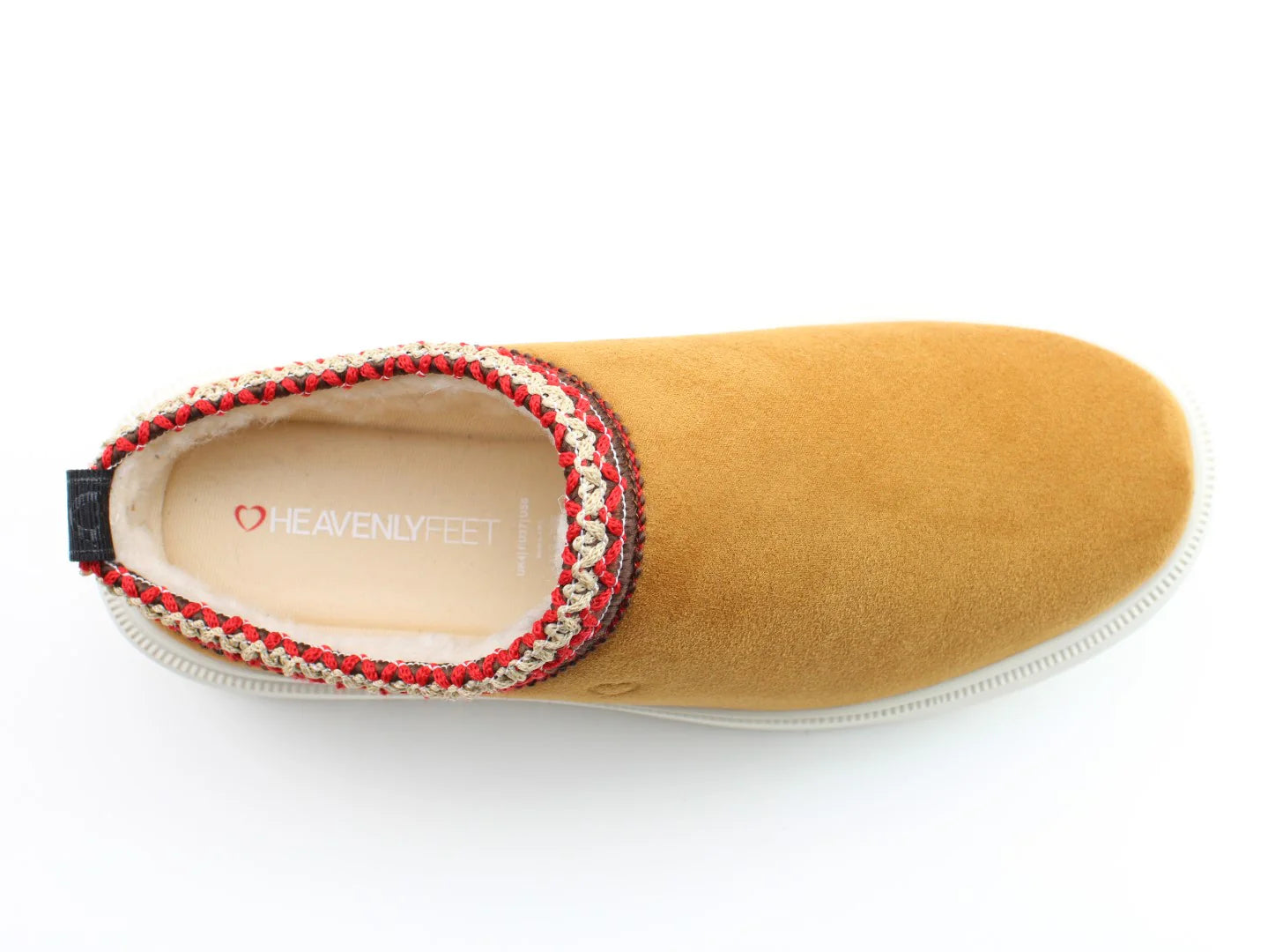Brown Suedette Litesoles Slides featuring a woven trim in red and beige around the opening, white sole, and Heavenly Feet logo inside. As part of the Vegan Friendly Range, these Franca slip-ons combine style with comfort.