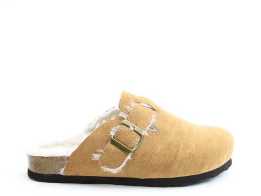 A tan slip-on clog with a buckle and black sole, featuring a cosy vegan shearling lining and a contoured footbed for ultimate comfort.