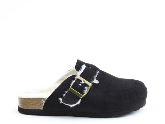 A black suede clog with white faux fur trim and a gold buckle, featuring a contoured footbed, cork sole, and black outsole—reminiscent of stylish Vegan Shearling Slides.