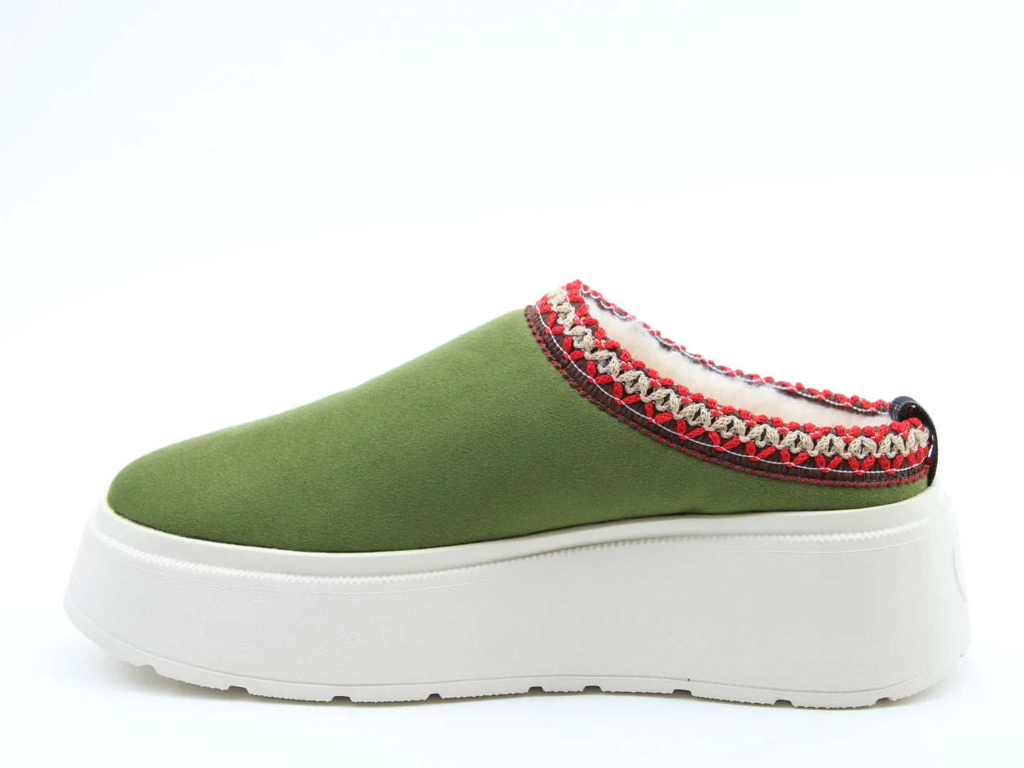 Introducing the Franca: a vegan-friendly green slip-on shoe with a white platform sole, featuring red and beige braided trim around the ankle. Part of our Suedette Litesoles Slides collection, it is perfect for effortless style.