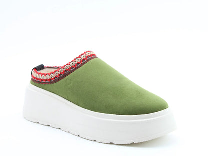 Part of our Vegan Friendly Range, this Franca slip-on shoe features a thick white platform sole and red decorative trim at the opening, set against a crisp white backdrop.