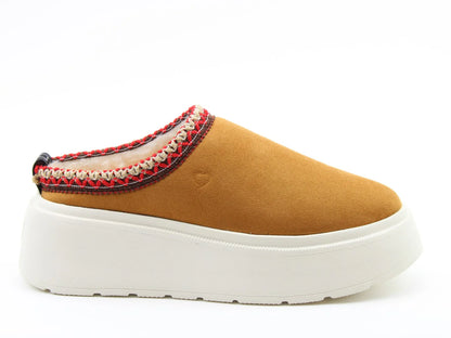 The Franca slip-on shoe features a thick white sole and red and beige woven trim, part of our Vegan Friendly Range. Experience the comfort and style of Suedette Litesoles Slides with every step.