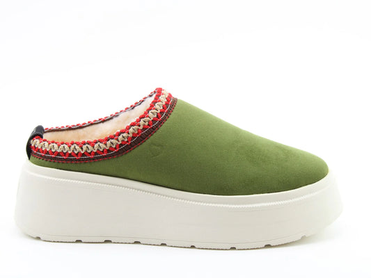 Franca green slip-on shoe with a thick white sole. Red and gold woven trim adds decorative detail to the Vegan Friendly Range. Side view on a plain white background.