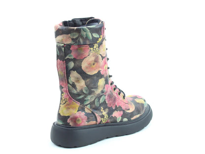A floral-patterned vegan boot with black laces and a chunky black sole, featuring a memory-foam insole, is displayed against a white background.