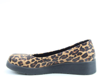 A single women’s wedge shoe with a leopard-print upper, a thick black wedge sole, and a comfortable memory-foam insole, shown in profile against a white background.
