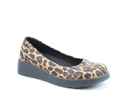 A single women's flat vegan shoe with a leopard print design, featuring a black, slightly raised wedge sole, displayed against a white background.