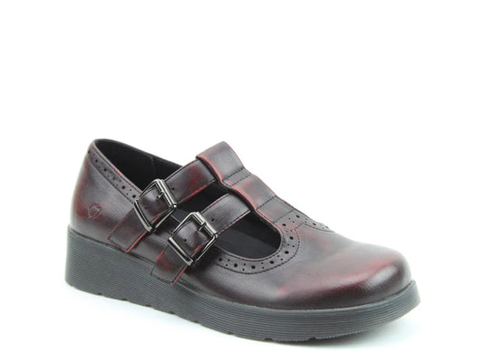 A single dark red leather Mary Jane shoe with two buckle straps, a black platform wedge sole, and a comfortable memory-foam insole, shown on a white background.