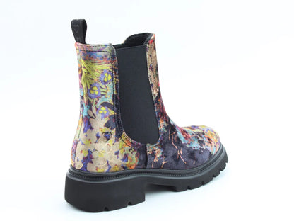 A colourful floral-patterned Chelsea boot, the Zeta Black Floral Boots feature a black elastic side panel, thick black sole and a comfortable memory foam footbed, shown from the back and side.