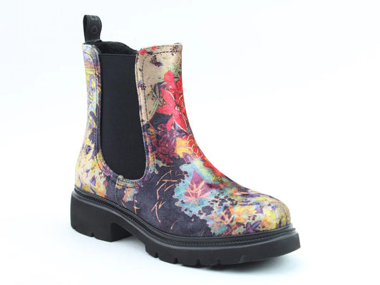 A colourful floral-patterned Chelsea boot, the Zeta Black Floral Boots feature black elastic side panels, a thick black rubber sole, and a comfy memory foam footbed, all shown on a white background.
