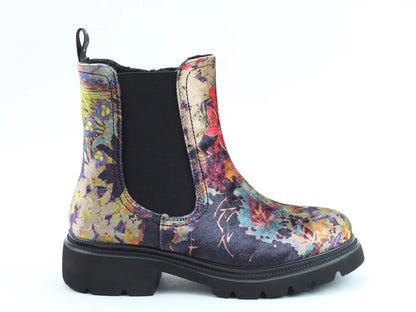 Colourful, floral-patterned Zeta Black Floral Boots featuring a black elastic side panel, chunky black sole, and memory foam footbed, shown against a plain white background.