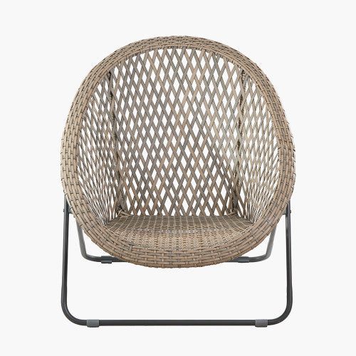 Round wicker chair featuring a diamond-weave pattern, supported by a simple black metal frame; ideal for outdoor furniture settings and photographed against a plain white background.