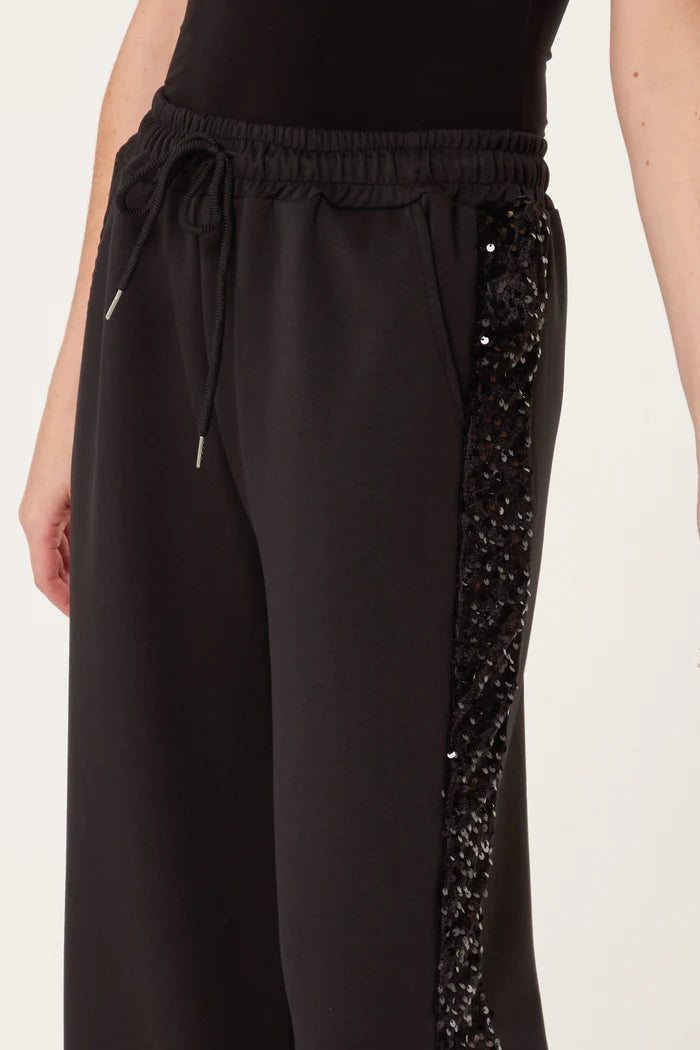 A person wearing black sequin velvet joggers with a drawstring waist and sequin detailing along the side seam, paired with a black top for a stylish athleisure look.