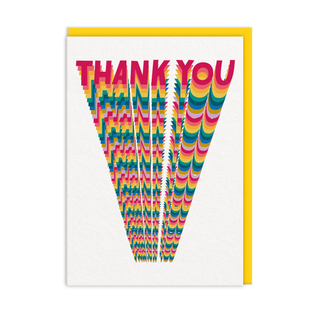 A stylish A6 card with a 3D Thank You text, featuring layers of overlapping colourful lines to express gratitude. Comes with a yellow envelope.