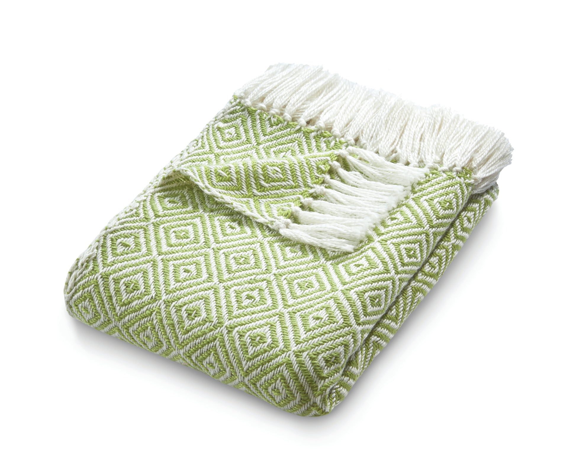 A folded green sustainable throw with a diamond pattern and white fringe at one end, crafted from recycled plastic bottles, placed on a white background.