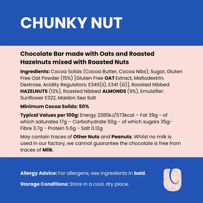 Chocolate bar packaging information for Chunky Nut, featuring ingredients, nutritional values, allergy advice, and storage instructions—now with a vegan twist using dairy-free chocolate.