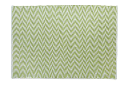 This square area rug features a UV-stable design with a green and white chevron pattern on a crisp white background, ideal for sustainable decor enthusiasts.