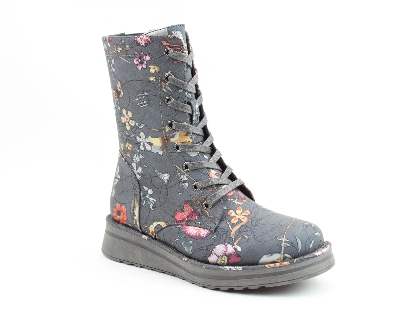 A grey lace-up vegan boot with a colourful floral print and a thick rubber sole featuring a Memory Foam insole, shown against a white background.