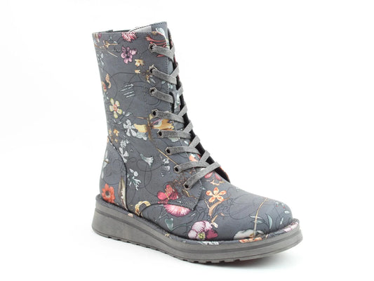 A grey lace-up vegan boot with a colourful floral print and a thick rubber sole featuring a Memory Foam insole, shown against a white background.