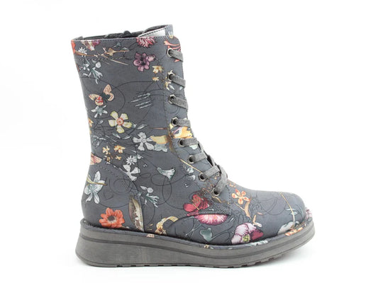 A single grey lace-up vegan boot with a flat sole and memory foam insole, featuring a colourful floral and butterfly pattern on the sides, displayed against a white background.