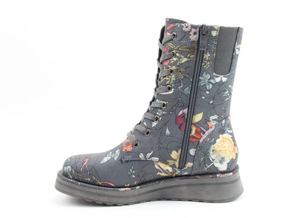 A grey lace-up floral print boot featuring a side zip, chunky sole, and supportive Memory Foam insole, photographed against a white background.