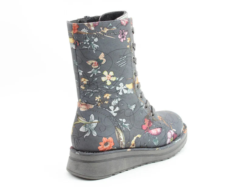Grey combat-style vegan boots featuring a floral and butterfly pattern, thick sole, Memory Foam insole, and laces, photographed against a white background.