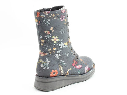 Grey combat-style vegan boots featuring a floral and butterfly pattern, thick sole, Memory Foam insole, and laces, photographed against a white background.