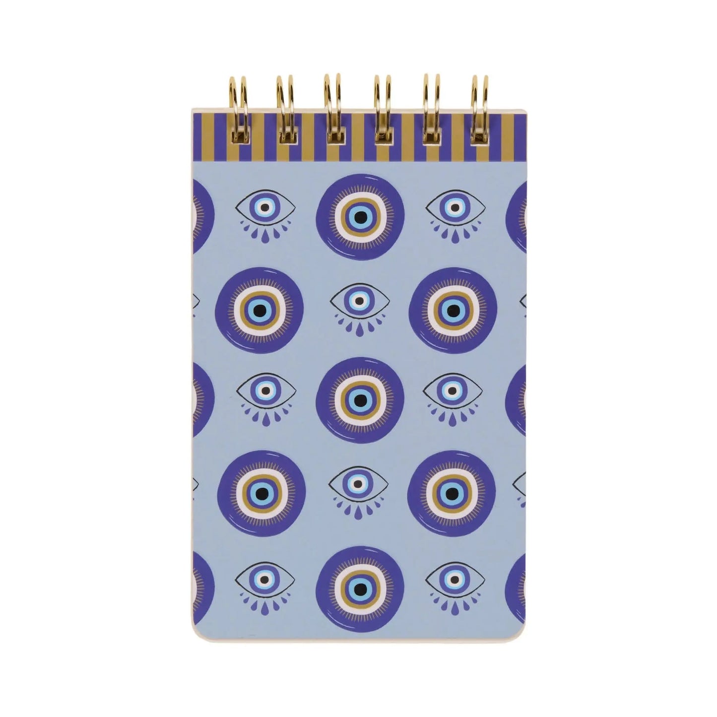 A small lined notepad with a blue cover displaying a repeating pattern of stylised eyes and concentric circles, made with premium paper for a smooth writing experience.