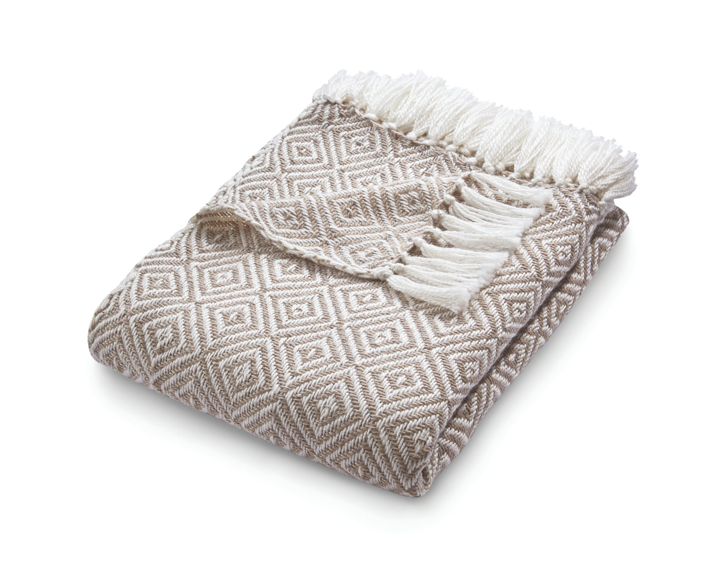 A folded beige and white sustainable throw, woven in a diamond pattern from recycled plastic bottles and finished with fringed edges, displayed against a white background.