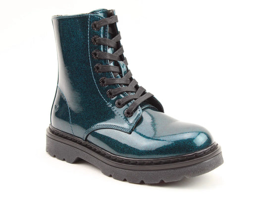 A glossy, ocean blue combat boot with black laces and a thick black rubber sole; these vegan-friendly boots stand out against a white background.