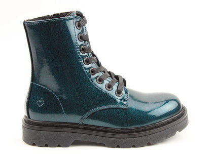 A glossy teal vegan-friendly combat boot with black laces and a chunky black sole, displayed in side profile against a white background.
