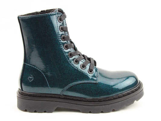 A glossy teal vegan-friendly combat boot with black laces and a chunky black sole, displayed in side profile against a white background.