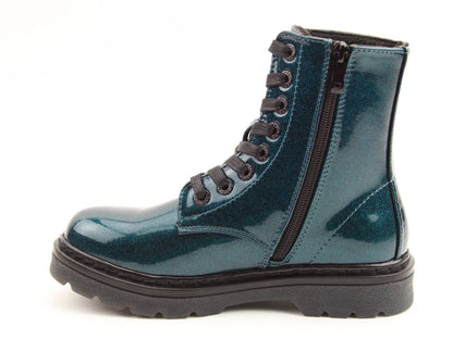 Glossy ocean blue vegan-friendly boot featuring black laces, a side zip, and a chunky black sole, displayed in right side profile against a white background.