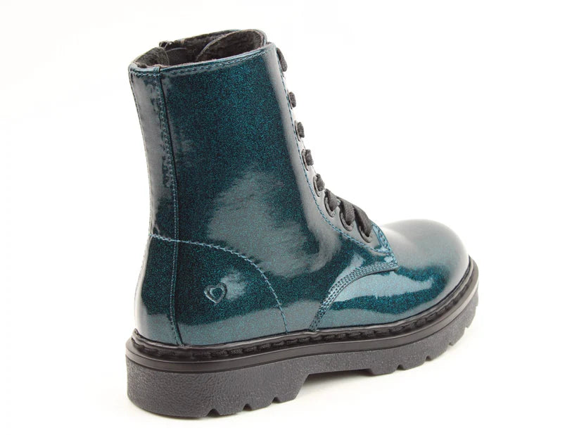 A shiny, ocean blue lace-up combat boot with a thick black sole is positioned facing right against a white background—ideal for those seeking vegan-friendly boots.