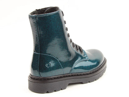 A shiny, ocean blue lace-up combat boot with a thick black sole is positioned facing right against a white background—ideal for those seeking vegan-friendly boots.