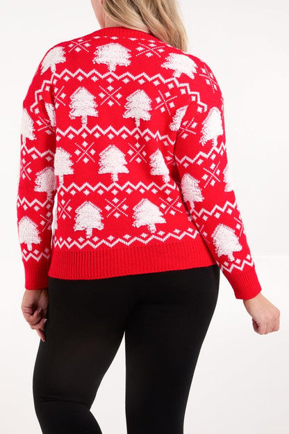Person wearing a festive jumper decorated with white tree and geometric patterns, seen from behind against a plain backdrop.