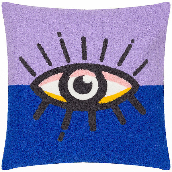 Square scatter cushion featuring a graphic design of a stylised eye in black, yellow, white, and pink on a split purple and blue background—an eye-catching purple-blue cushion to enhance your space.