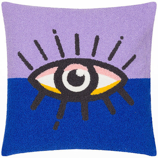Square scatter cushion featuring a graphic design of a stylised eye in black, yellow, white, and pink on a split purple and blue background—an eye-catching purple-blue cushion to enhance your space.