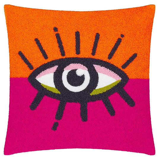 Square colourful throw cushion featuring a graphic, stylised eye in black, pink, white, and green on an orange and magenta background—a bold accent for any space.