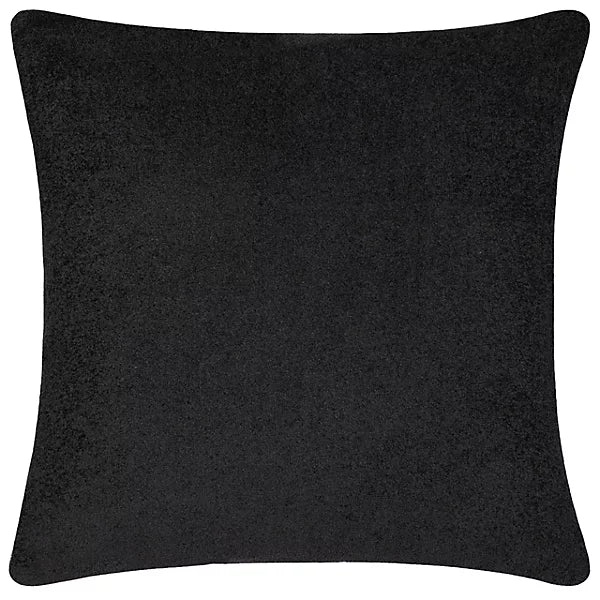 A square, black cushion filled generously with feathers, featuring a smooth, plain surface and gently rounded corners.