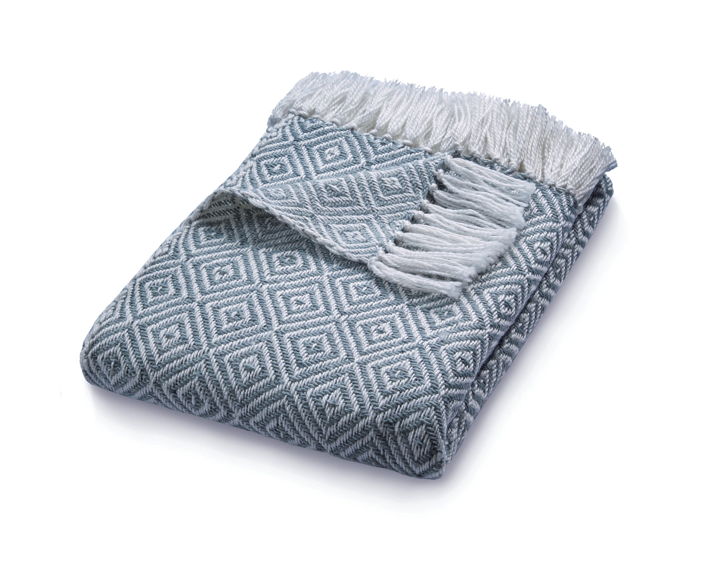 A folded blue and white patterned sustainable throw, crafted from recycled plastic bottles with fringed edges, is displayed against a white background.