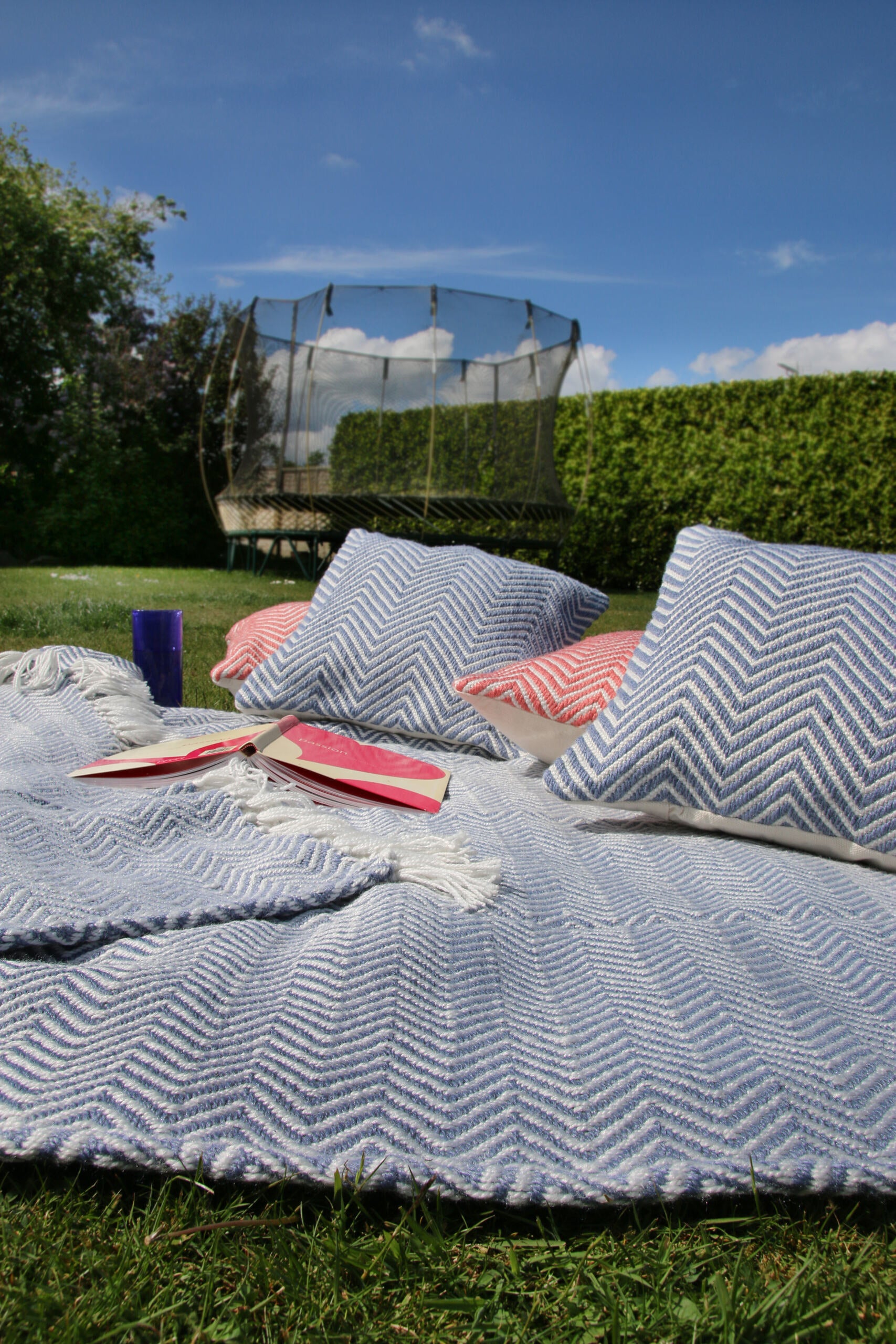 Outdoor picnic setup with blue and white zigzag cushions and blanket on the grass. A sustainable rug made from recycled plastic bottles adds a touch of eco-friendly flair. Two books and a blue cup rest nearby, under the clear sky, with a trampoline in the background.