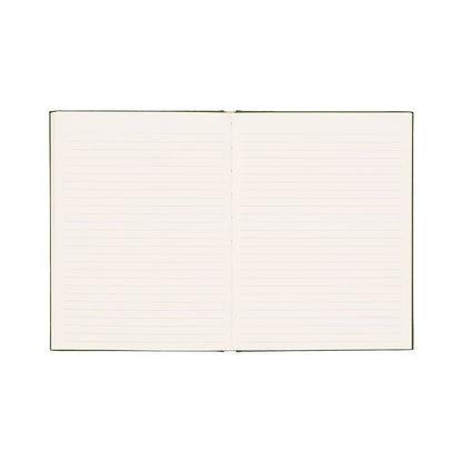 An open hardback diary showing two blank, lined pages against a white background.