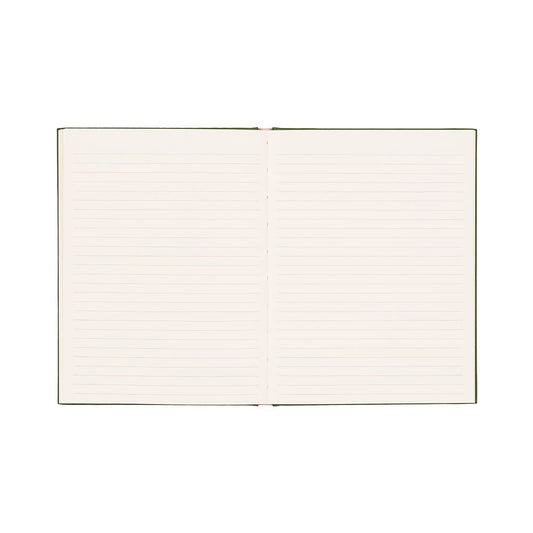 An open hardback diary showing two blank, lined pages against a white background.