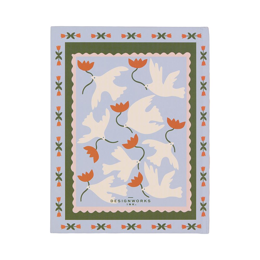 A rectangular mat featuring a pattern of white doves and red flowers on a light blue background, bordered by green and orange edges—ideal inspiration for your next floral journal or A Dopo Journal. “DESIGNWORKS INK.” is printed at the bottom.