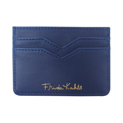 A compact Frida Kahlo card holder in blue, featuring three slots and her name in gold script on the front.