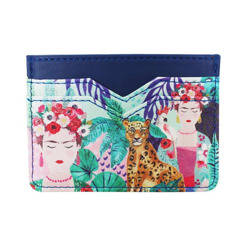 A compact card organiser adorned with colourful illustrations of two women wearing floral headpieces, a jaguar, tropical plants, and a blue border—an eye-catching card holder with a vibrant tropical print.