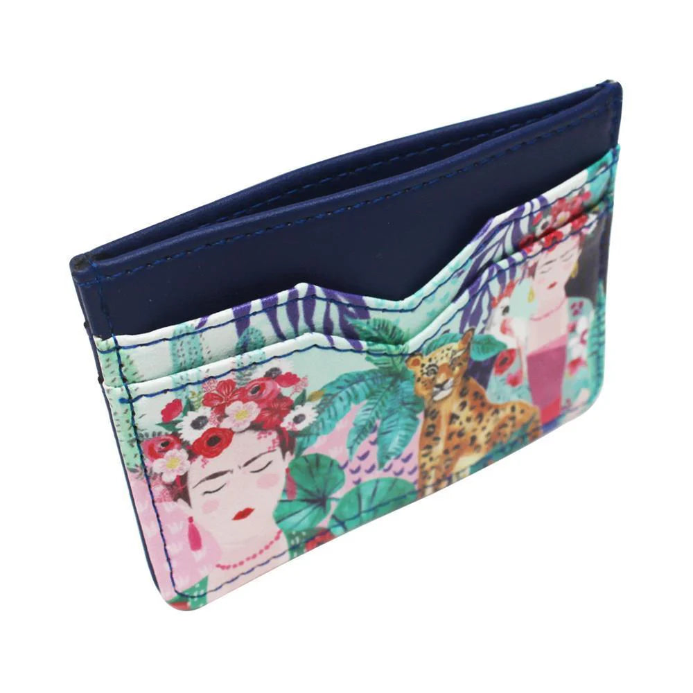 A slim, compact card organiser adorned with a colourful design featuring illustrated women, tropical plants, and a leopard—ideal for anyone seeking a vibrant tropical print card holder.