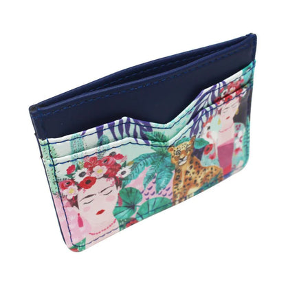 A slim, compact card organiser adorned with a colourful design featuring illustrated women, tropical plants, and a leopard—ideal for anyone seeking a vibrant tropical print card holder.